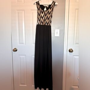 Tyche Black & Gold Sequin Chevron Maxi Dress W/Key Hole Back Size Medium